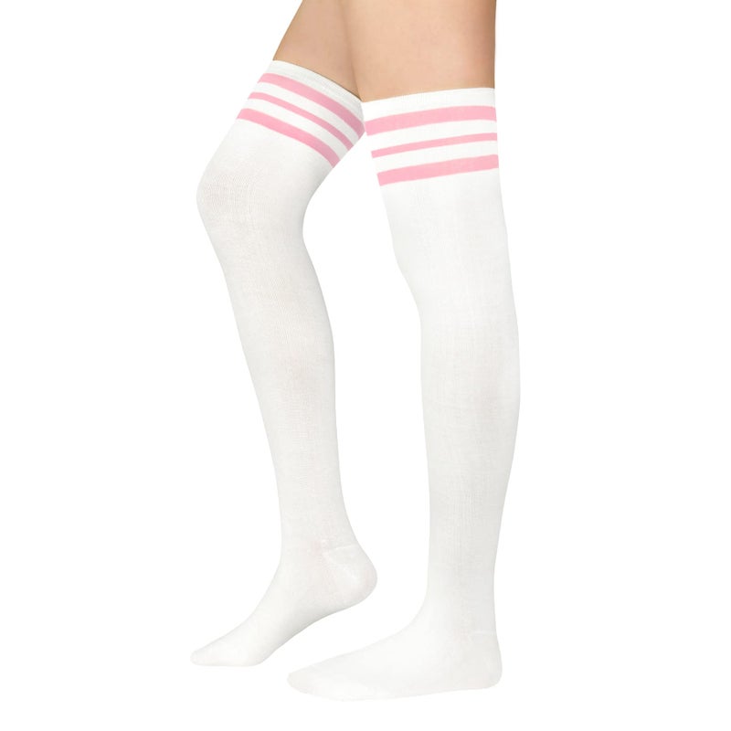 Zando Women Thin Stripes Tube Thigh High Tights Over Knee Socks Casual High Stockings E White w Pink - Image 3